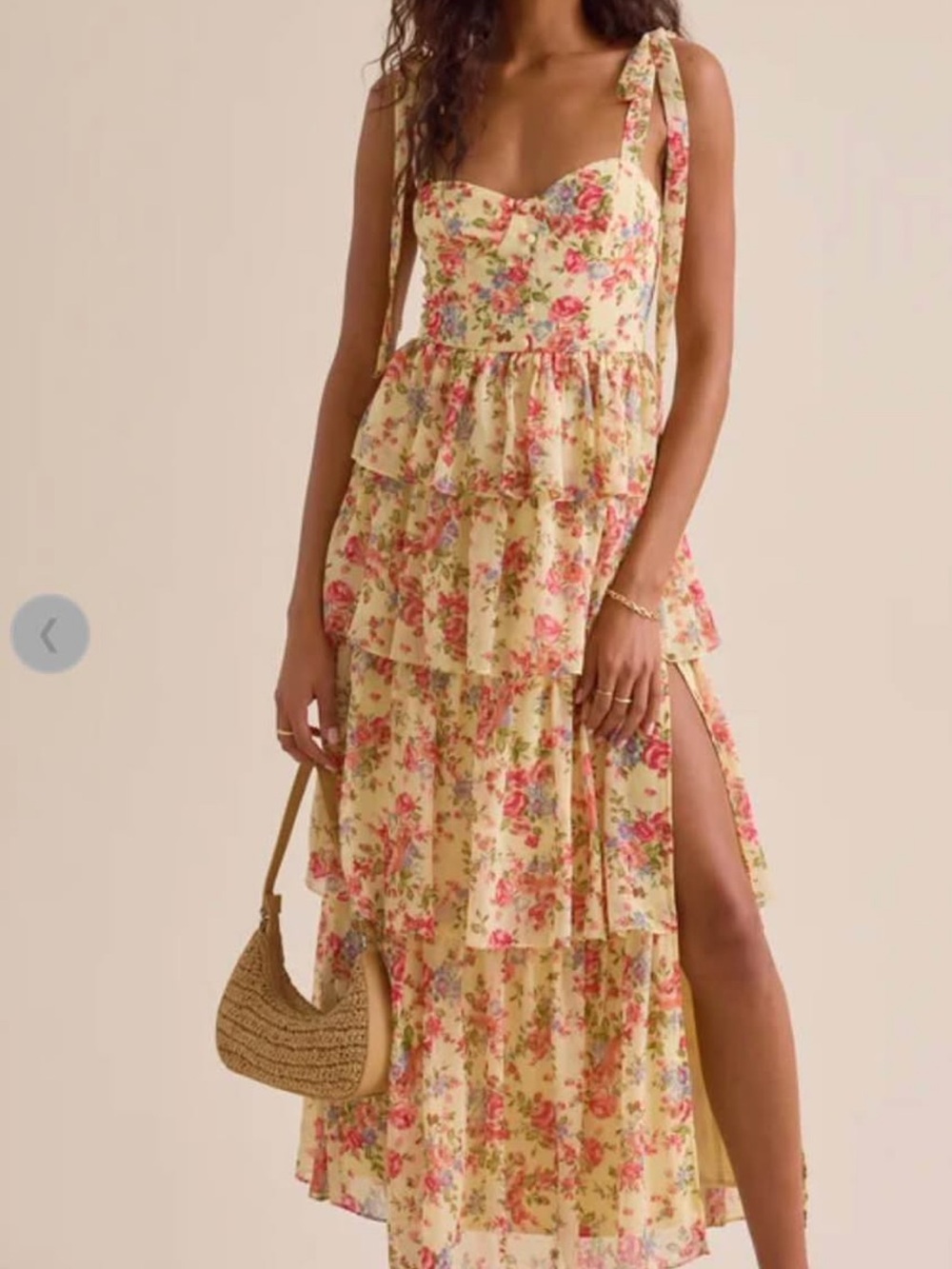 Altar'd State Yellow Floral Tiered High-Low Dress with Tie Straps